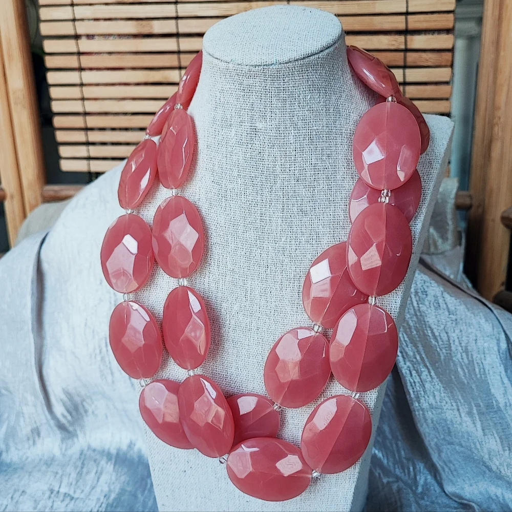 Salmon Color Faceted Translucent Acrylic Lucite Large Oval Flat Bead Necklace